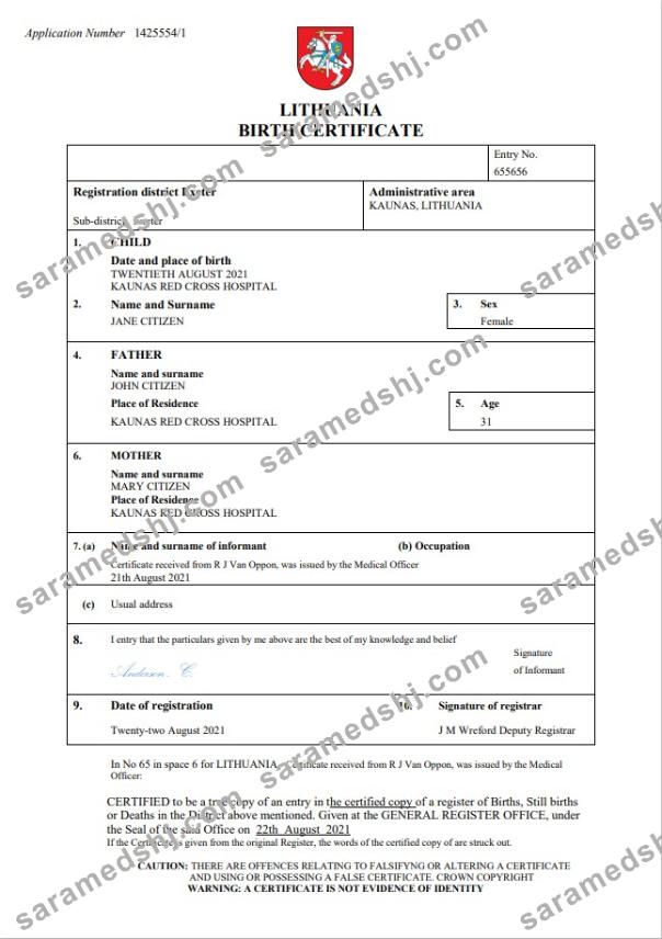 Lithuania birth certificate Word and PDF template